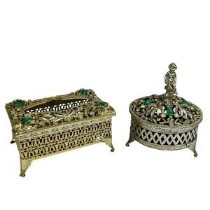 Sam Fink Jeweled Gold Footed Pocket Tissue Holder & trinket box  50's filigree